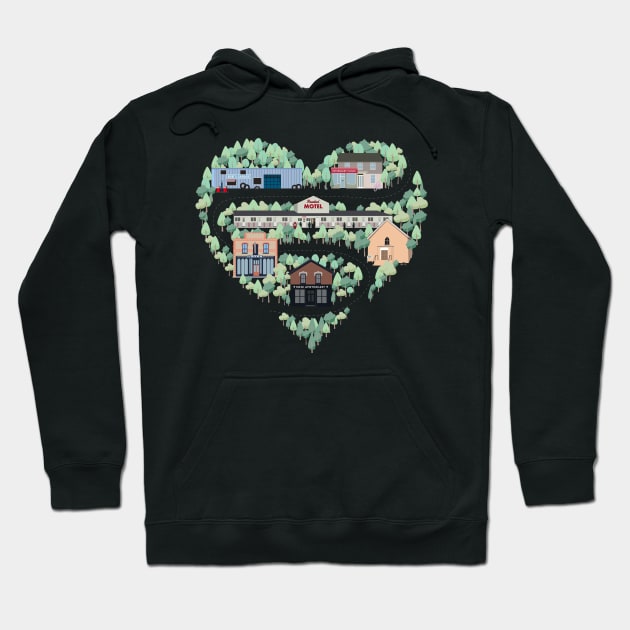 I Love the Town of Schitt's Creek, where everyone fits in. From the Rosebud Motel to Rose Apothecary, a drawing of the Schitt's Creek Buildings Hoodie by YourGoods